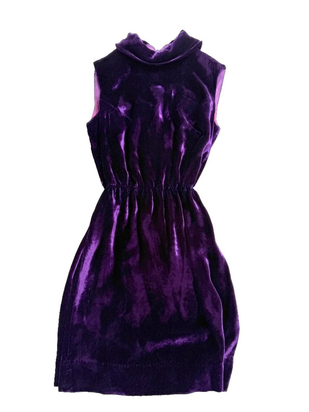 Vintage 60s/70s Purple Crushed Velvet, Handmade Mod High Neck Mini Party Dress